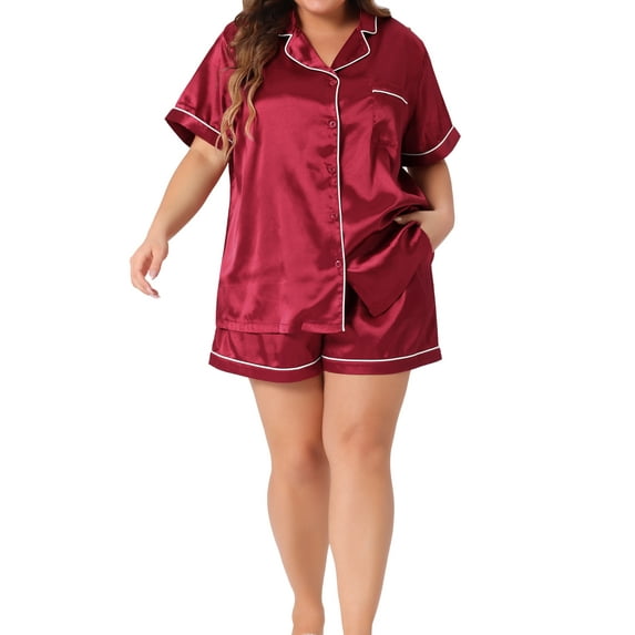Agnes Orinda Plus Size Pajamas Sets for Women Soft Satin Button Down Loungewear 2 Piece Shorts Set 2X Burgundy
