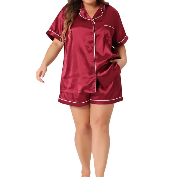 Agnes Orinda Plus Size Pajamas Sets for Women Soft Satin Button Down Loungewear 2 Piece Shorts Set 4X Burgundy