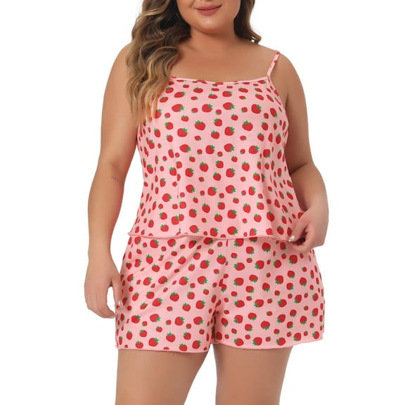 Agnes Orinda Women's Plus Size Valentines Day Pajamas Cute Strawberry Heart Bow Pattern Cami Shorts Sleepwear Set 1X Pink