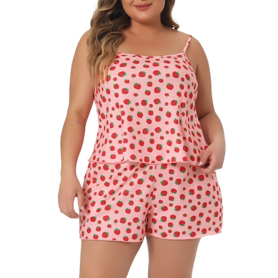 Agnes Orinda Women's Plus Size Valentines Day Pajamas Cute Strawberry Heart Bow Pattern Cami Shorts Sleepwear Set 2X Pink