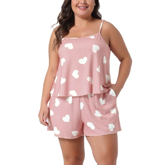 Agnes Orinda Women's Plus Size Valentines Day Pajamas Cute Strawberry Heart Bow Pattern Cami Shorts Sleepwear Set 4X Light Pink