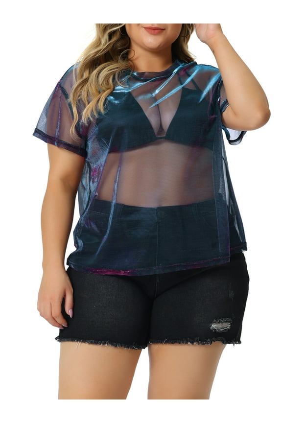 Women's Plus Size Party Top Sheer Mesh Holographic See Through Blouse 1X Black Purple
