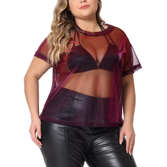 Agnes Orinda Women's Plus Size Party Top Sheer Mesh Holographic See Through Blouse 2X Black Red
