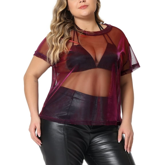 Agnes Orinda Women's Plus Size Party Top Sheer Mesh Holographic See Through Blouse 3X Black Red