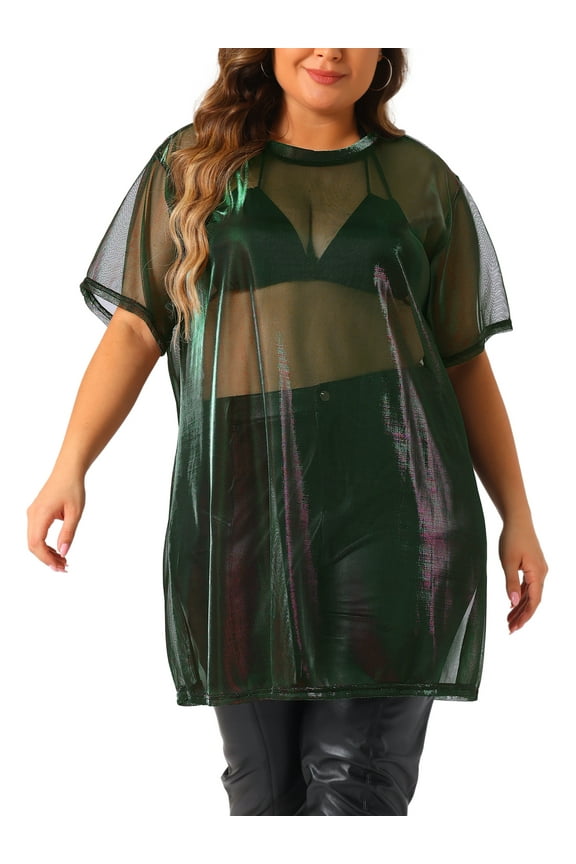 Agnes Orinda Plus Size Party Tops for Women Sheer Mesh Holographic Short Sleeve Crew Neck Long Blouse