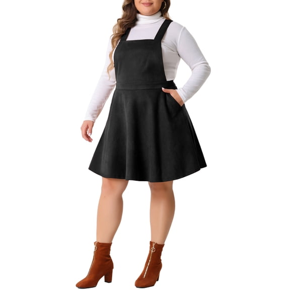 Agnes Orinda Plus Size Pinafore Overall Dress for Women Adjustable Strap Casual Vintage Faux Suede Dresses 4X Black