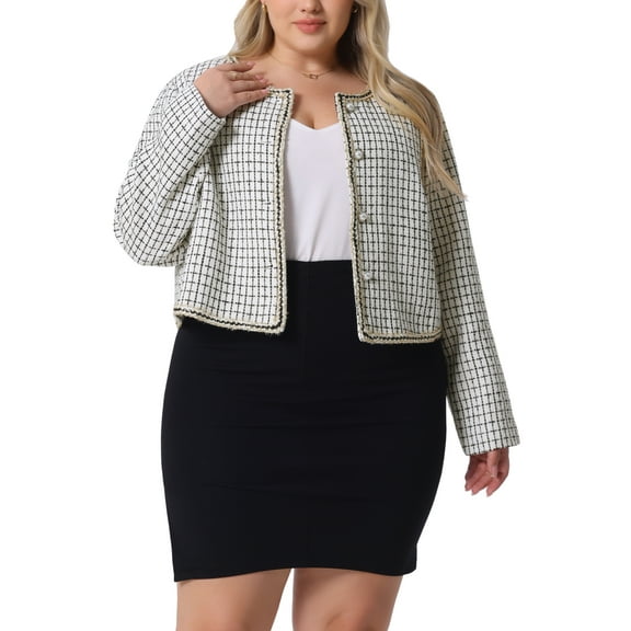 Agnes Orinda Plus Size Plaid Tweed Blazer for Women Collarless Long Sleeve Open Front Work Short Jacket 2X White