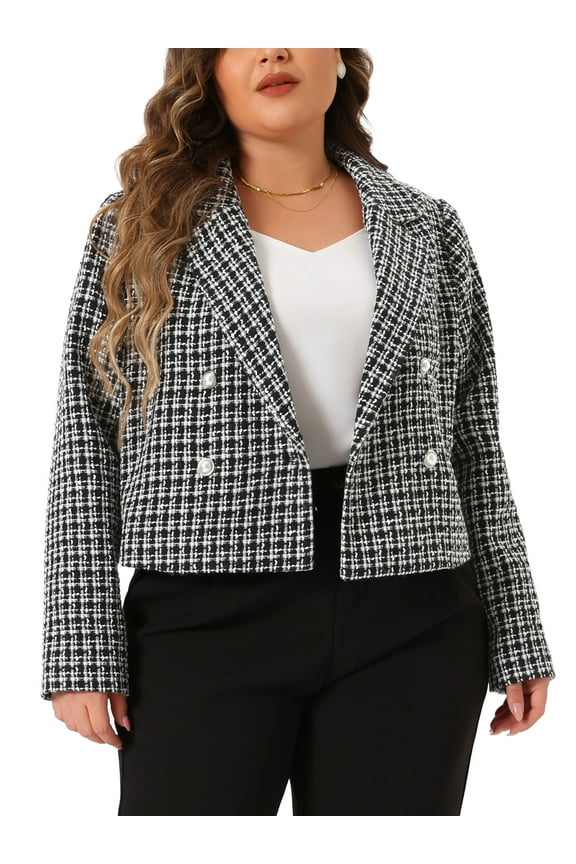 Plus Size Plaid Tweed Blazers for Women Notched Lapel Elegant Office Crop Jacket 2X Black