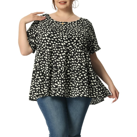 Agnes Orinda Women's Plus Size Casual Top Round Neck Ruffle Sleeve Tiered Peplum Blouse 1X Black