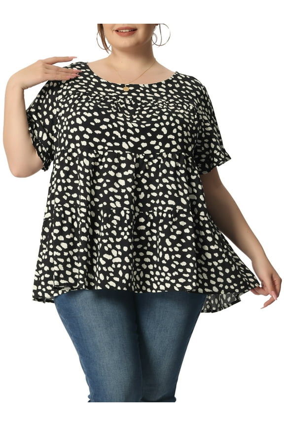 Women's Plus Size St. Patrick's Day Casual Top Round Neck Ruffle Sleeve Tiered Peplum Blouse 1X Black