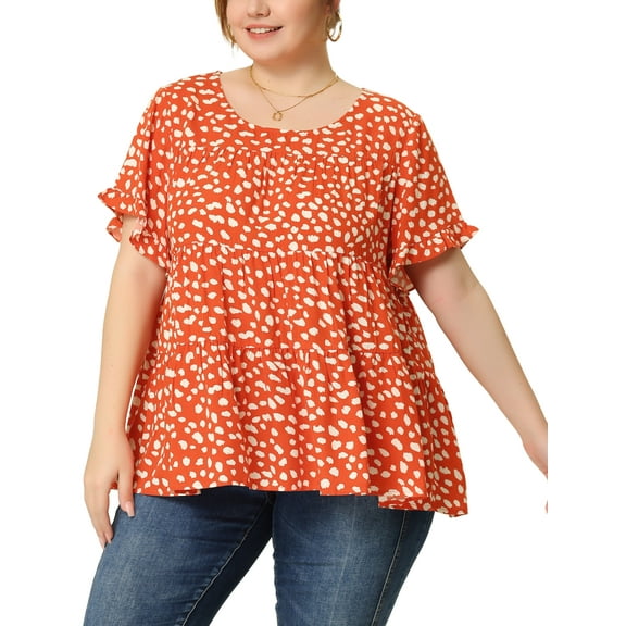 Agnes Orinda Women's Plus Size Valentines Day Casual Top Polka Dots Round Neck Ruffle Sleeve Tiered Peplum Blouse 1X Orange
