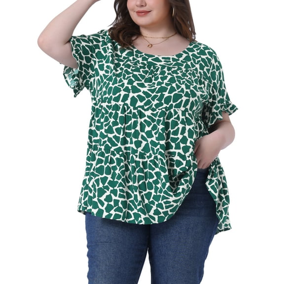 Agnes Orinda Women's Plus Size Casual Top Round Neck Ruffle Sleeve Tiered Peplum Blouse 2X White Green