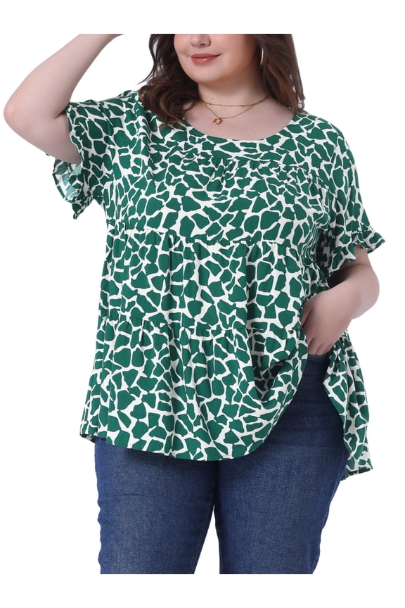 Women's Plus Size St. Patrick's Day Casual Top Round Neck Ruffle Sleeve Tiered Peplum Blouse 4X White Green