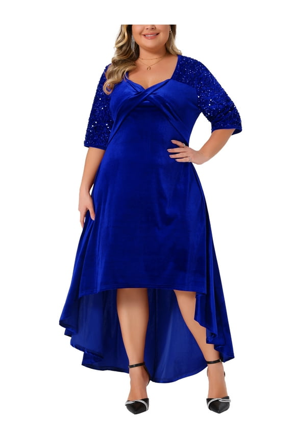 Women's Plus Size Prom Dress Velvet V Neck Sequin Glitter Half Sleeve High Low Hem Elegant A Line Midi Dresses 3X Royal blue