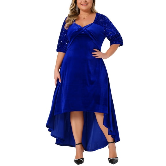 Agnes Orinda Plus Size Prom Dress for Women Velvet V Neck Sequin Glitter Half Sleeve High Low Hem Elegant A Line Midi Dresses 4X Royal blue