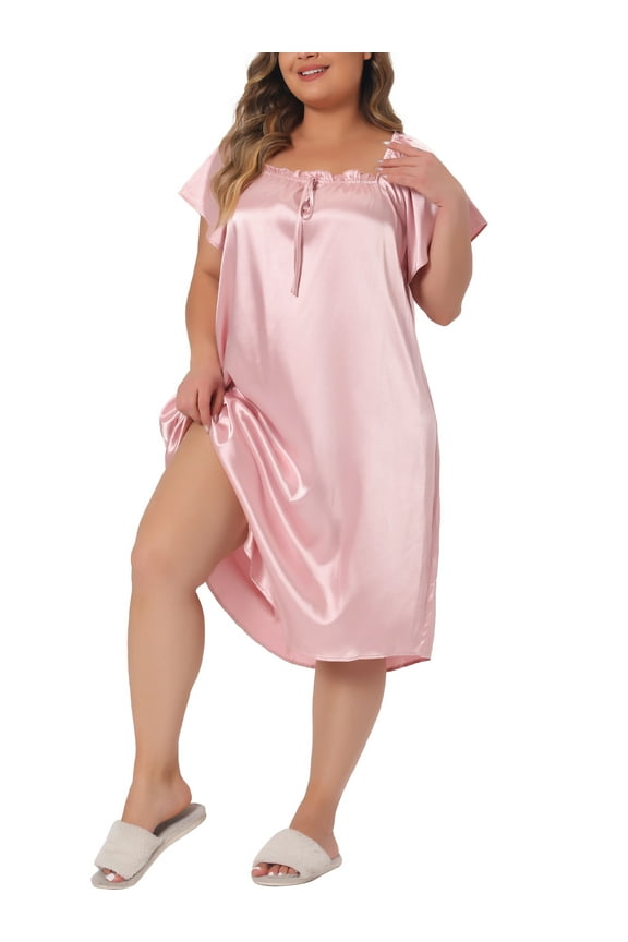 Women's Plus Size Valentines Day Satin Silk Nightgown Pleated Loose Sleepwear Nightshirt Sleep Dresses 1X Pink