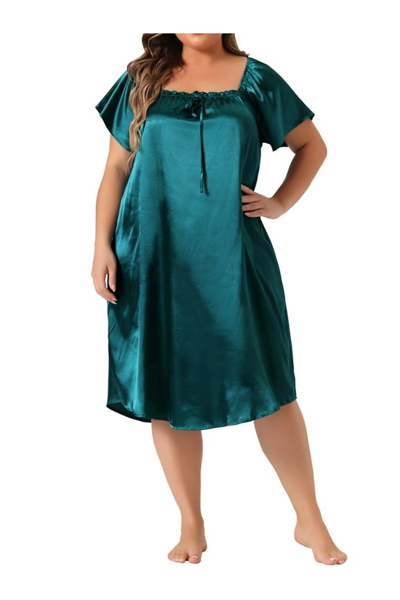 Women's Plus Size Satin Silk Nightgown Pleated Loose Sleepwear Nightshirt Sleep Dresses 3X Peacock Blue