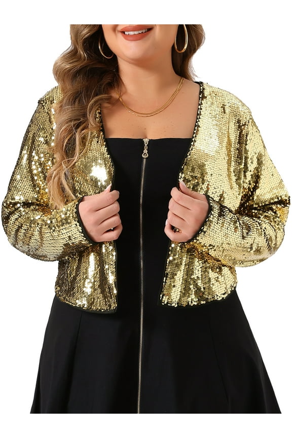 Plus Size Sequin Cardigan for Women Glitter Shinny Metallic Long Sleeve Shrug Bolero Cardigans Jackets 1X Gold