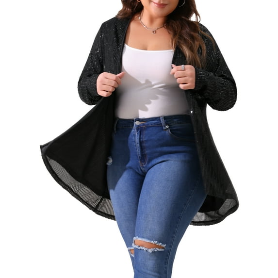 Agnes Orinda Women's Plus Size Sequin Cardigans Sparkly Open Front Long Sleeve Outerwear Coat Glitter Jacket 1X Black
