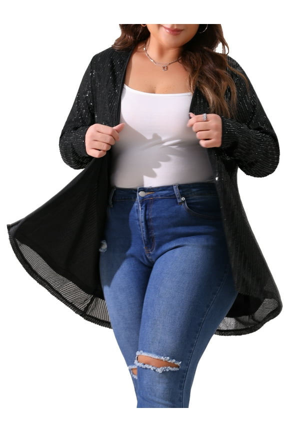 Women's Plus Size Sequin Cardigans Sparkly Open Front Long Sleeve Outerwear Coat Glitter Jacket 1X Black