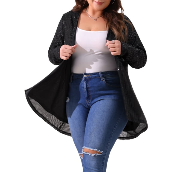 Agnes Orinda Women's Plus Size Sequin Cardigans Sparkly Open Front Long Sleeve Outerwear Coat Glitter Jacket 4X Black