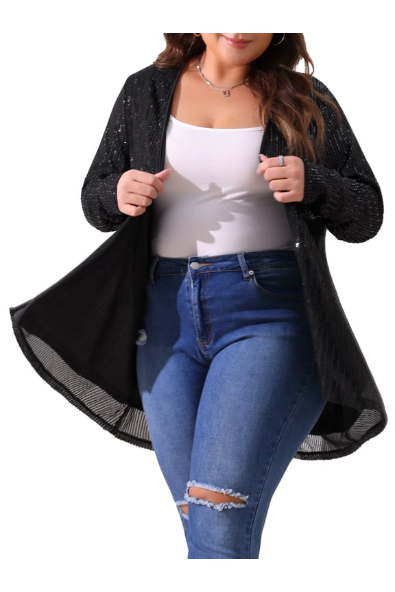 Women's Plus Size Sequin Cardigans Sparkly Open Front Long Sleeve Outerwear Coat Glitter Jacket 4X Black