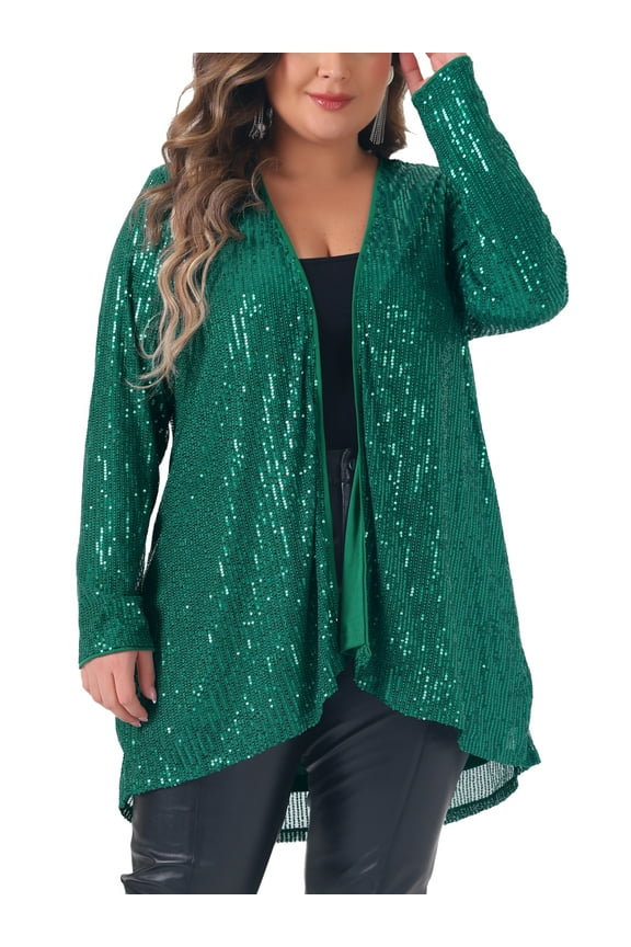 Women's Plus Size Sequin Cardigans Sparkly Open Front Long Sleeve Outerwear Coat Glitter Jacket 4X Dark Green