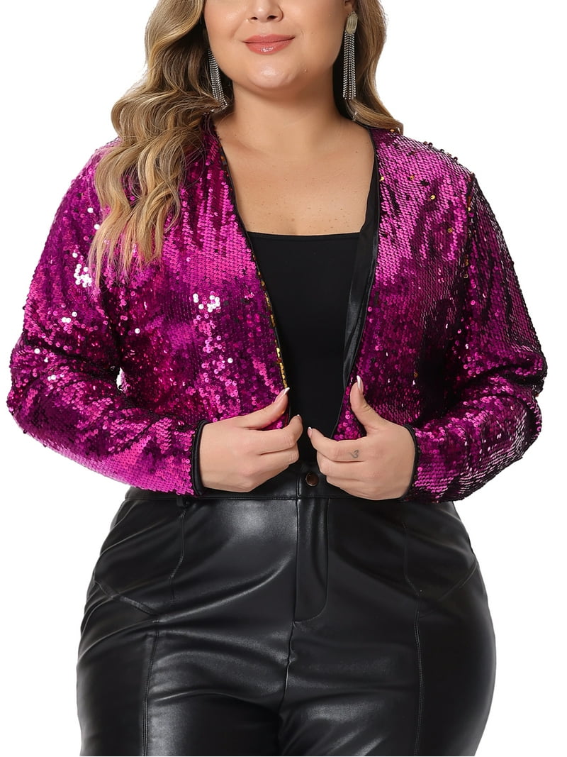 Agnes Orinda Plus Size Sequin Party Open Front Long Sleeve Shrug