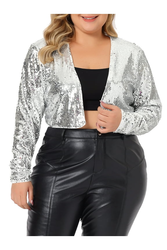 Plus Size Sequin Party Open Front Long Sleeve Shrug Bolero Crop Jacket