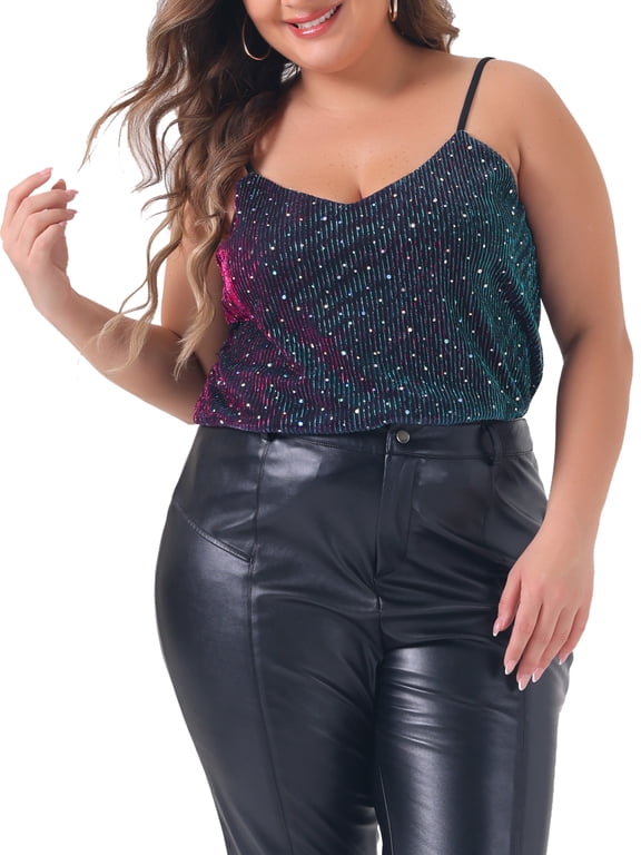 Women's Plus Size Halloween Outfits Sequin Sparkle Glitter Cami Sleeveless Gradient Party Camisole Tank Top 3X Purple Blue