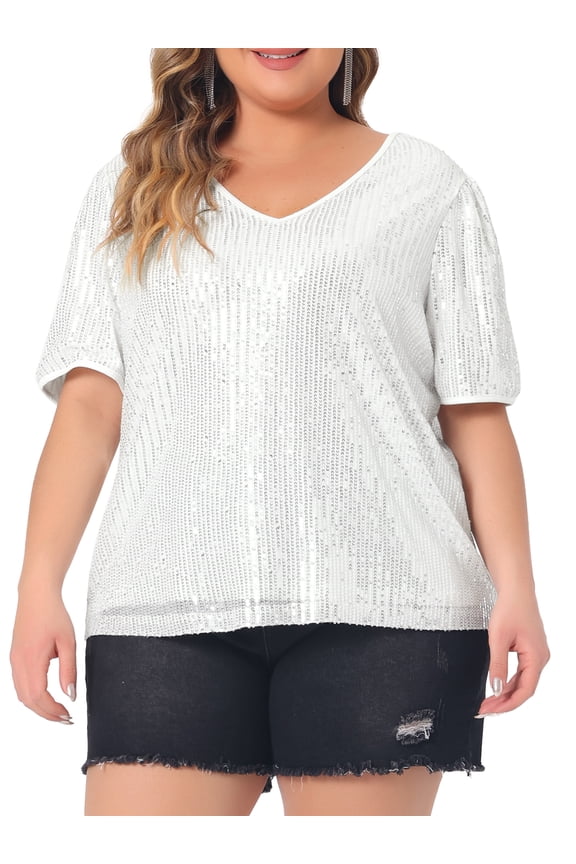 Plus Size Sequin Tops for Women Sparkly V Neck Short Sleeve Party Tops Blouses
