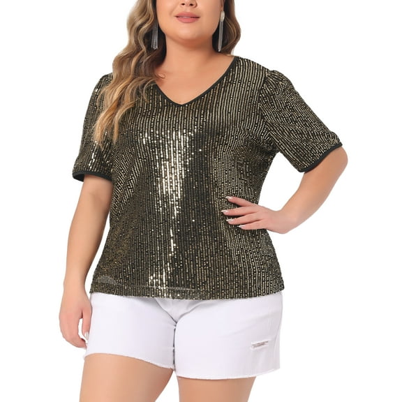 Agnes Orinda Plus Size Sequin Tops for Women Sparkly V Neck Short Sleeve Party Tops Blouses