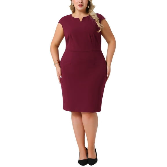 Agnes Orinda Women's Plus Size Sheath Dress Notched V Neck Sleeveless Casual Midi Pencil Dresses with Zipper 1X Burgundy