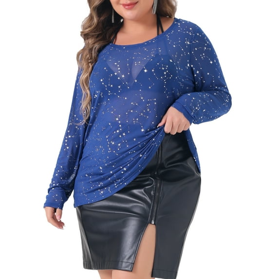 Agnes Orinda Plus Size Sheer Mesh Tops See Through Long Sleeve Crew Neck Tops Tee Blouse Clubwear 2X Dark Blue