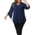 thumbnail image 1 of Agnes Orinda Plus Size Shirt for Women 3/4 Bell Sleeve V Neck Double Layers Chiffon Blouse Top 4X Navy Blue, 1 of 6