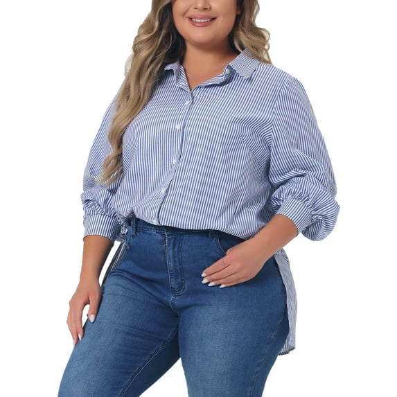 Agnes Orinda Plus Size Shirts for Women Button Down Collared Long Sleeve Classic Wear-to-Work Striped Blouse 1X Blue
