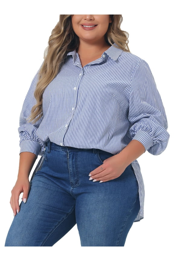 Plus Size Shirts for Women Button Down Collared Long Sleeve Classic Wear-to-Work Striped Blouse 3X Blue