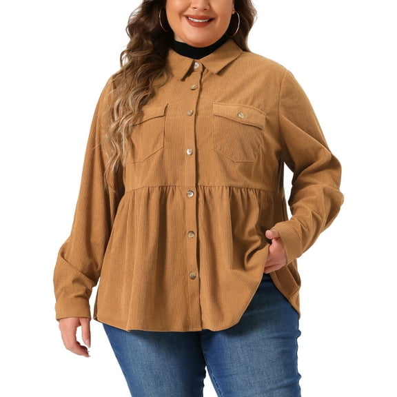 Agnes Orinda Plus Size Shirts for Women Corduroy Peplum Button Down Blouses with Pockets 1X Brown