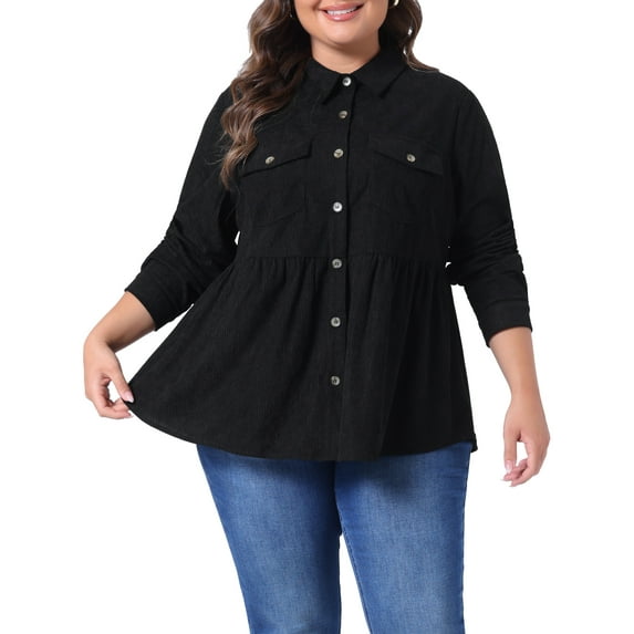 Agnes Orinda Plus Size Shirts for Women Corduroy Peplum Button Down Blouses with Pockets 2X Black