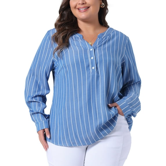 Agnes Orinda Plus Size Shirts for Women Long Sleeve Button Down Shirt Tops Blouse 1X Blue