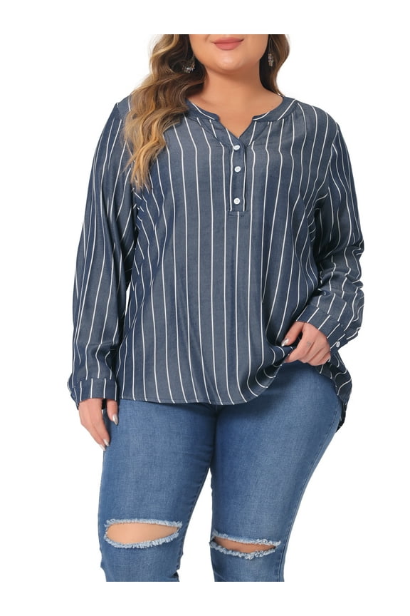 Plus Size Shirts for Women Long Sleeve Button Down Shirt Tops Blouse 2X Black Blue