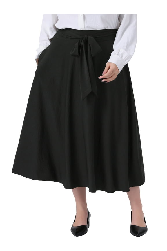 Women's Plus Size Skirt Tie Knot High Waist Flowy Swing A-Line Midi Skirts with Pockets 1X Black