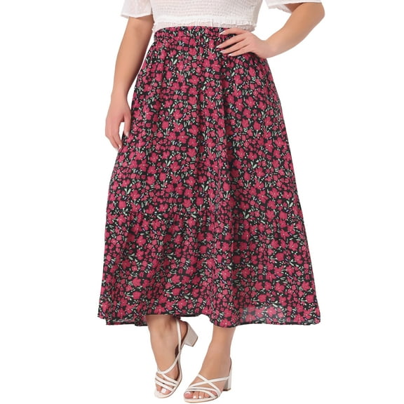 Agnes Orinda Plus Size Skirts for Women Floral Stretchy Waist Layered Flowy Summer Maxi Skirt 2X Black
