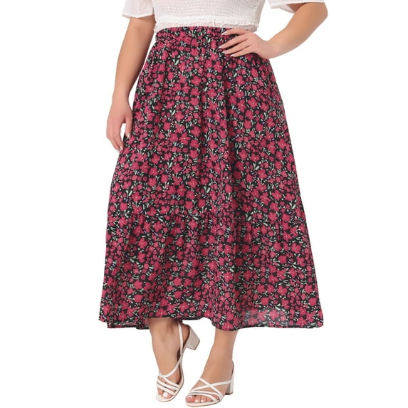 Agnes Orinda Plus Size Skirts for Women Floral Stretchy Waist Layered Flowy Summer Maxi Skirt 2X Black