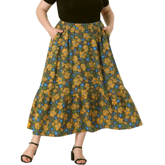Agnes Orinda Plus Size Skirts for Women Floral Stretchy Waist Layered Flowy Summer Maxi Skirt 2X Green Yellow