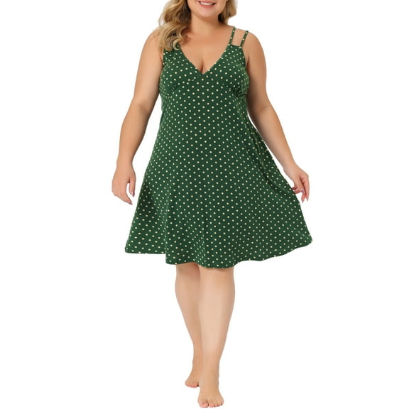 Agnes Orinda Plus Size Sleep Dress for Women Cami Deep V Knit Polka Dots Nightgown Lingerie 3X Dark Green