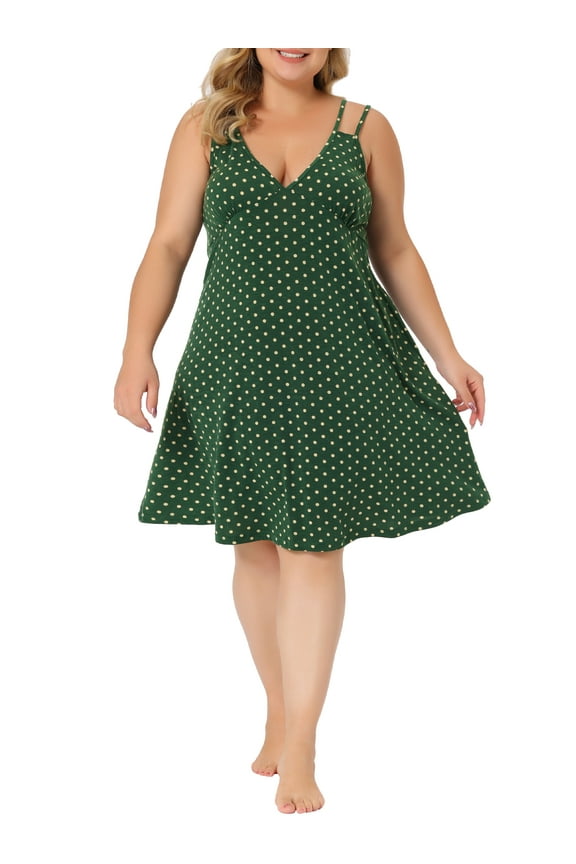 Plus Size Sleep Dress for Women Cami Deep V Knit Polka Dots Nightgown Lingerie 3X Dark Green