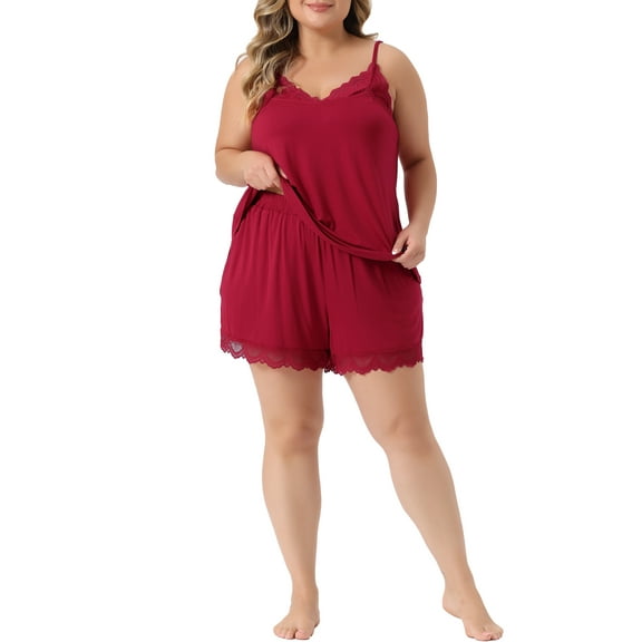 Agnes Orinda Plus Size Sleepwear for Women Pajamas Lingerie Lace Cami Shorts Set Nightwear 1X Red