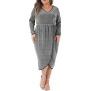 Agnes Orinda Women's Plus Size Sparkly Glitter Dress Long Sleeve V Neck High Slit Sequin Party Cocktail Dresses 1X Silver