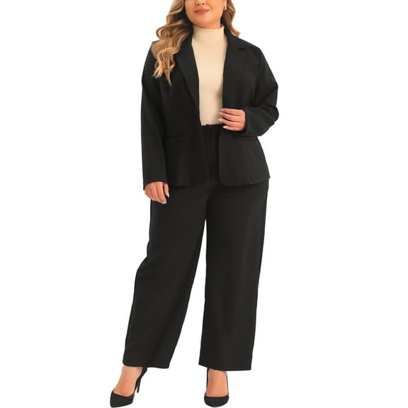 Plus Size Suit Two Piece Outfits for Women Business Office Blazer Jacket and Pants Suit Set 1X Black